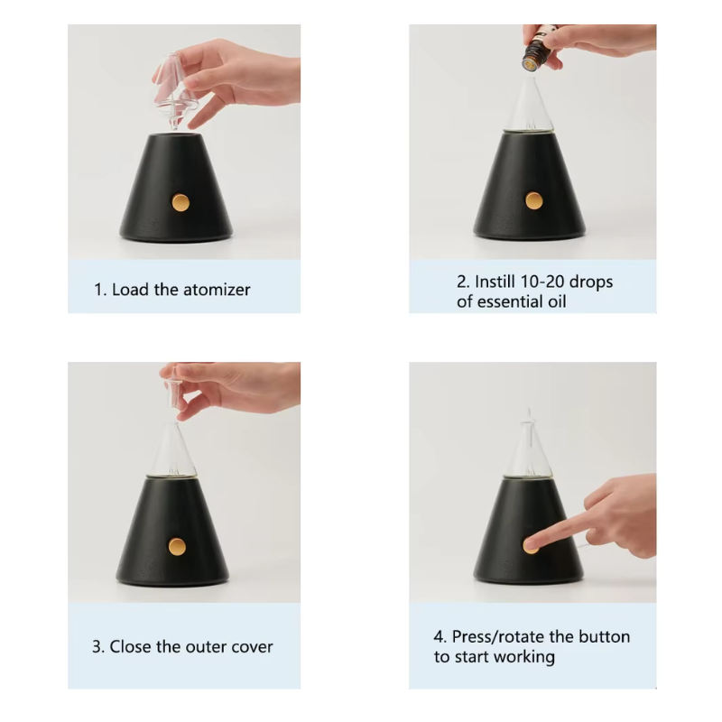 Waterless Essential Oil Diffuser with Glass Cover and Wood Base – Air Pump Aromatherapy with Warm Light