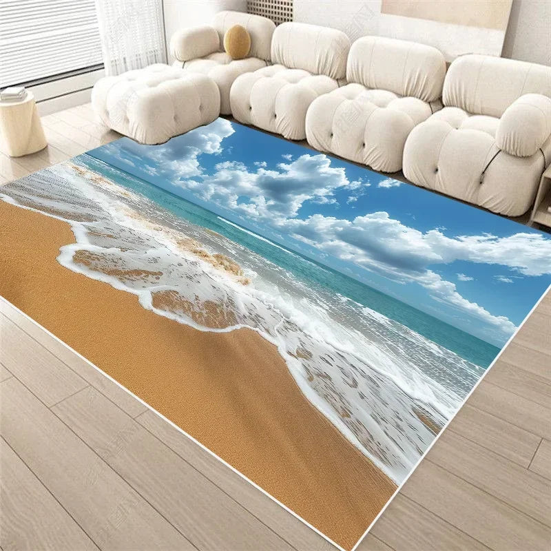Seaside Coastal Print Flannel Rug Non-Slip Floor Mat for Bedroom or Living Room