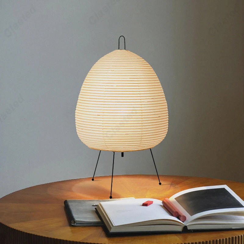 Handmade Japanese Rice Paper Table Lamp - Wabi-Sabi Style Tripod Lantern for Soft Ambient Light