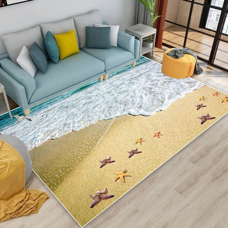 Seaside Coastal Print Flannel Rug Non-Slip Floor Mat for Bedroom or Living Room