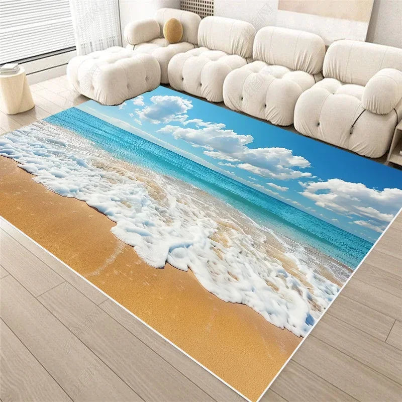 Seaside Coastal Print Flannel Rug Non-Slip Floor Mat for Bedroom or Living Room