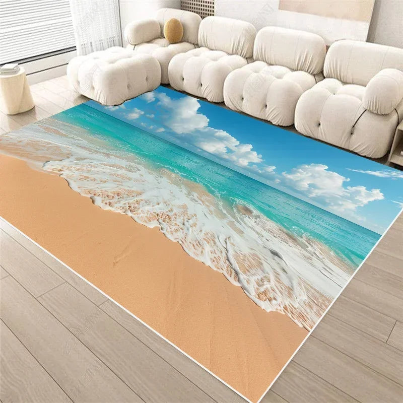 Seaside Coastal Print Flannel Rug Non-Slip Floor Mat for Bedroom or Living Room