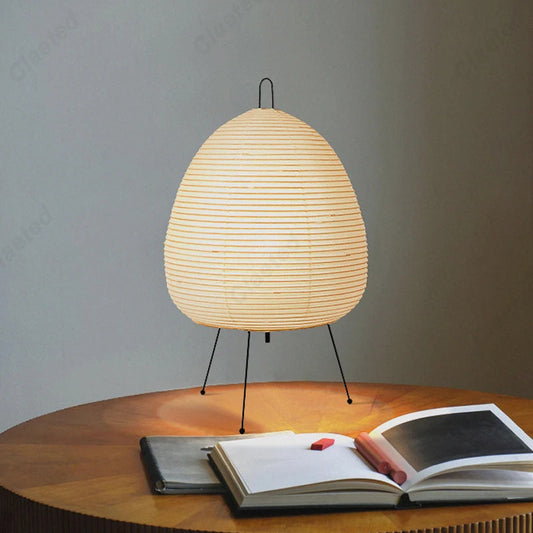 Handmade Japanese Rice Paper Table Lamp - Wabi-Sabi Style Tripod Lantern for Soft Ambient Light