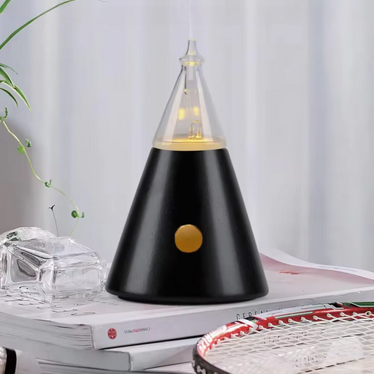 Waterless Essential Oil Diffuser with Glass Cover and Wood Base – Air Pump Aromatherapy with Warm Light